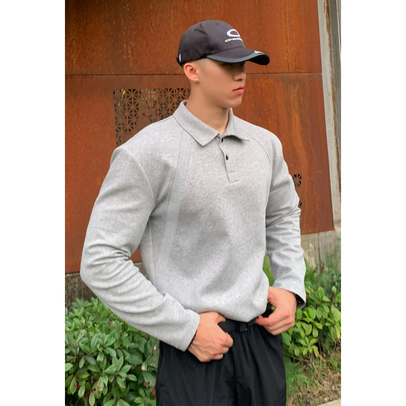 美式重磅硬挺正肩长袖t恤百搭简约polo衫春秋男士cleanfit打底衫