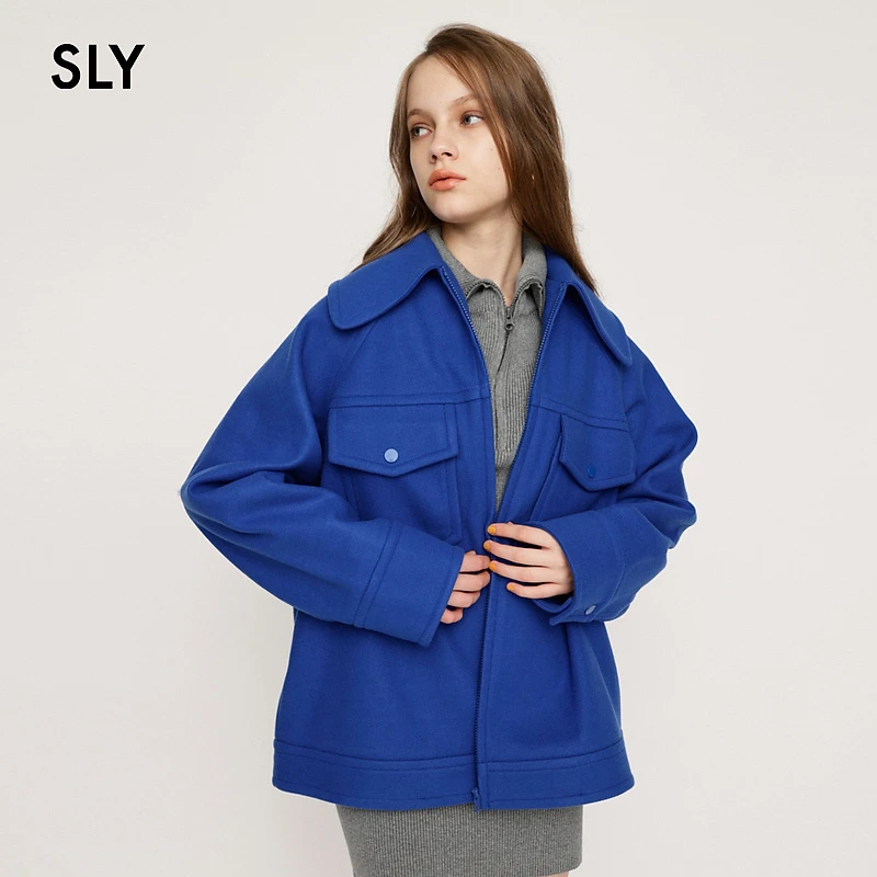 SLY 冬季新品中性风大翻领纯色拉链夹克外套女038GAL30-3560