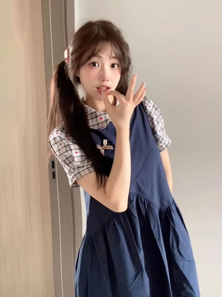 可爱小个子娃娃领假两件格纹拼接连衣裙女学生夏季宽松显瘦a字裙