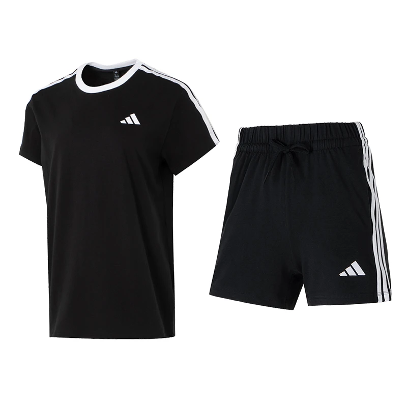 阿迪达斯女运动套装2025新款时尚休闲黑色短袖T恤短裤【商场同款】