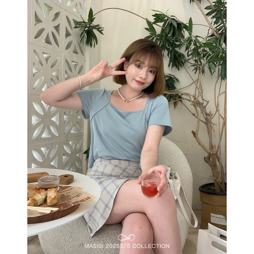 马西西大码女装短款方领正肩T恤夏季微胖mm宽松显瘦休闲短袖上衣