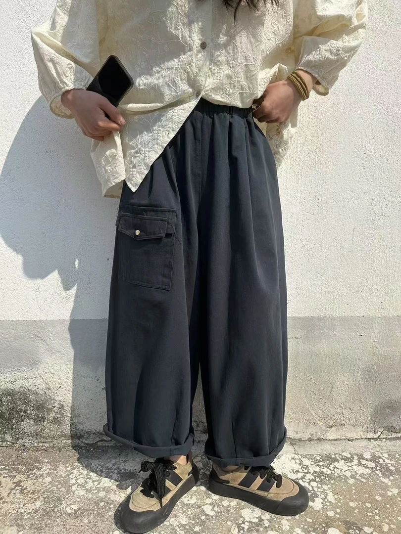 简约宽松大版水洗棉休闲裤9842百搭复古时尚纯色韩版松紧腰