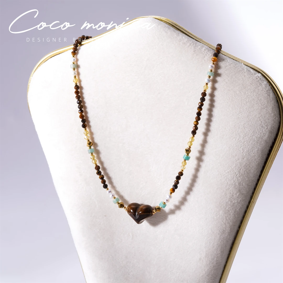 【小霞珠宝】虎眼爱心项链珍珠手工复古仙女五彩坠链爱心AE949