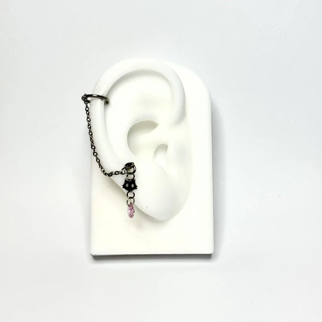 合金耳饰 双耳洞链条猫咪F136钛合金耳连耳桥耳钉气质黑色小众