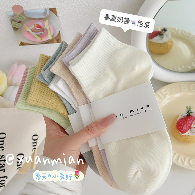 韩版女纯色ins短袜夏季袜子春夏薄款中筒棉袜短筒防臭百搭短筒袜