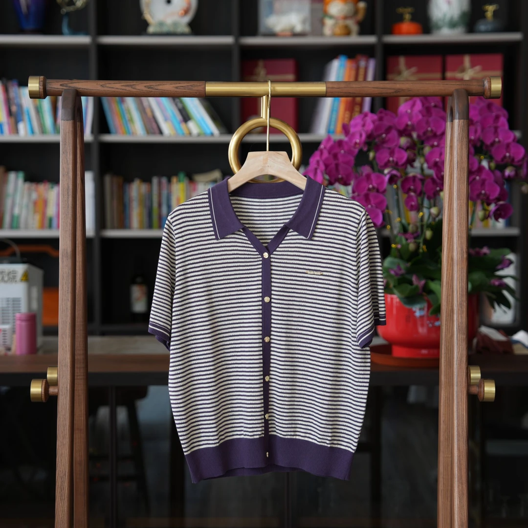 正品高端大码女装2025春夏气质翻领莱赛尔天丝针织衫短袖条纹百搭