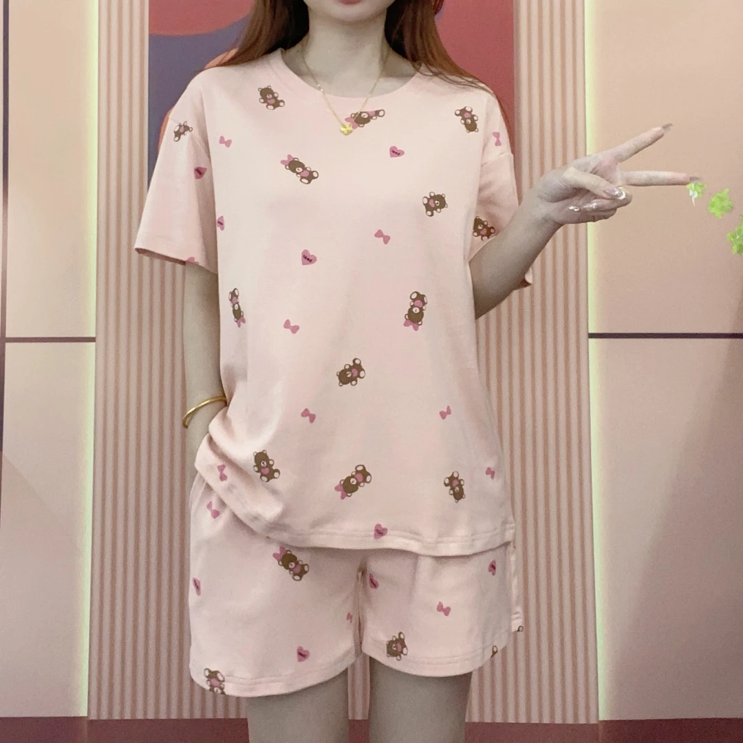 短袖长裤+短裤三件套夏季睡衣女套装休闲女士韩版家居服时尚大码