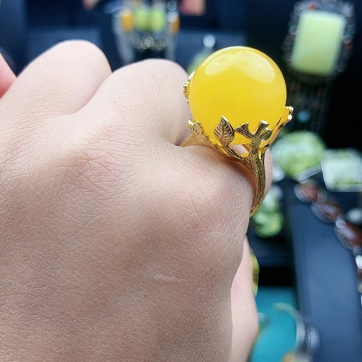 琥珀裸石银S925镶嵌戒指