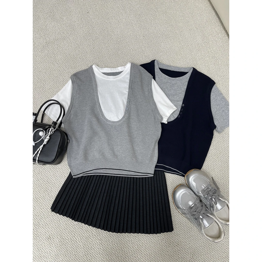 学院风假两件针织短袖衫K336