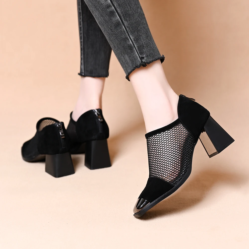 方头气质凉靴深口粗跟女鞋时尚高跟单鞋春夏中跟女士百搭网靴