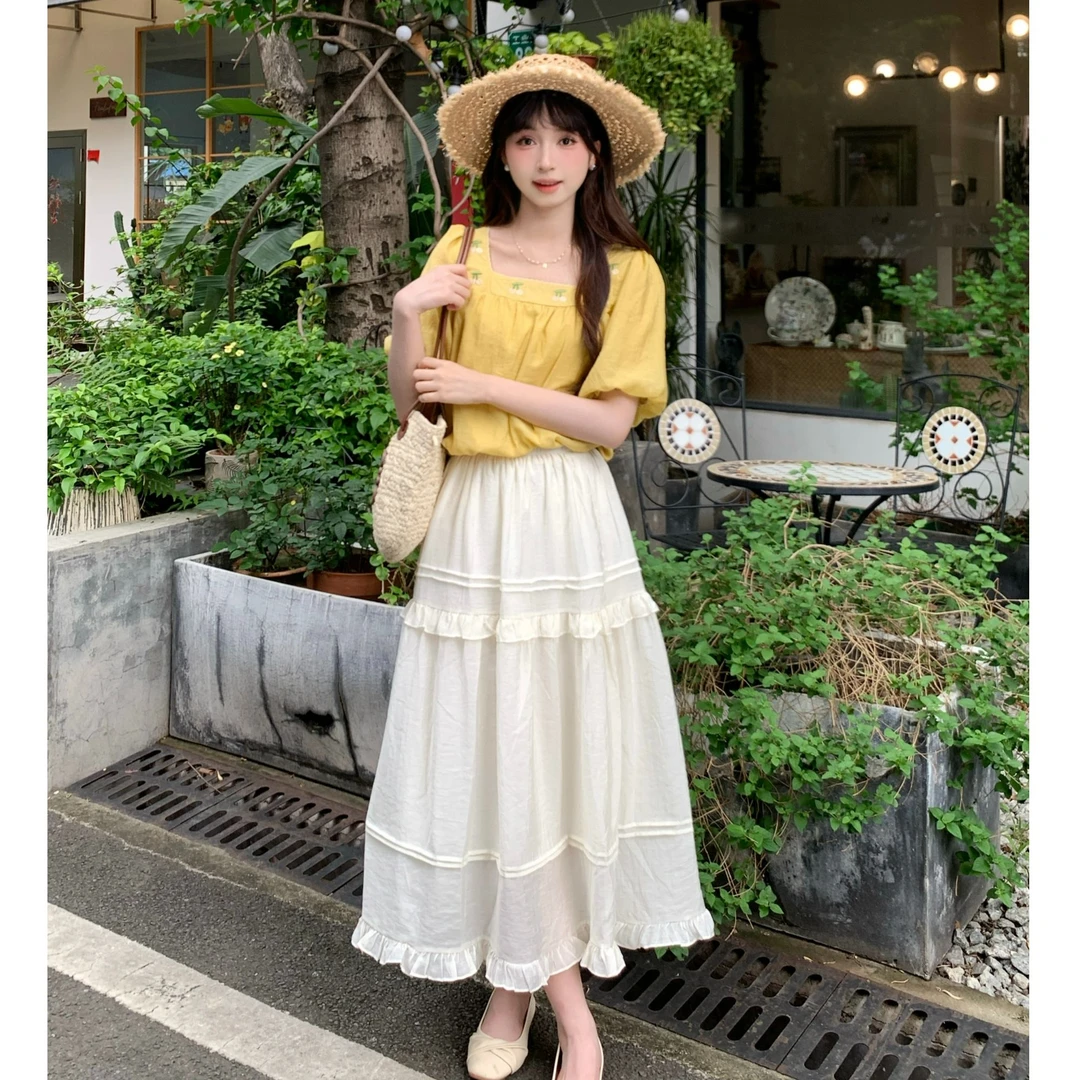 【小铃铛】TU27171法式泡泡袖花朵刺绣上衣蛋糕长裙百搭显瘦两件套