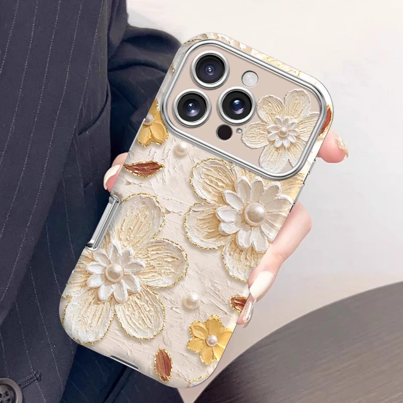 油画珍珠花适用苹果16promax手机壳防摔iphone15pro保护套14p简约