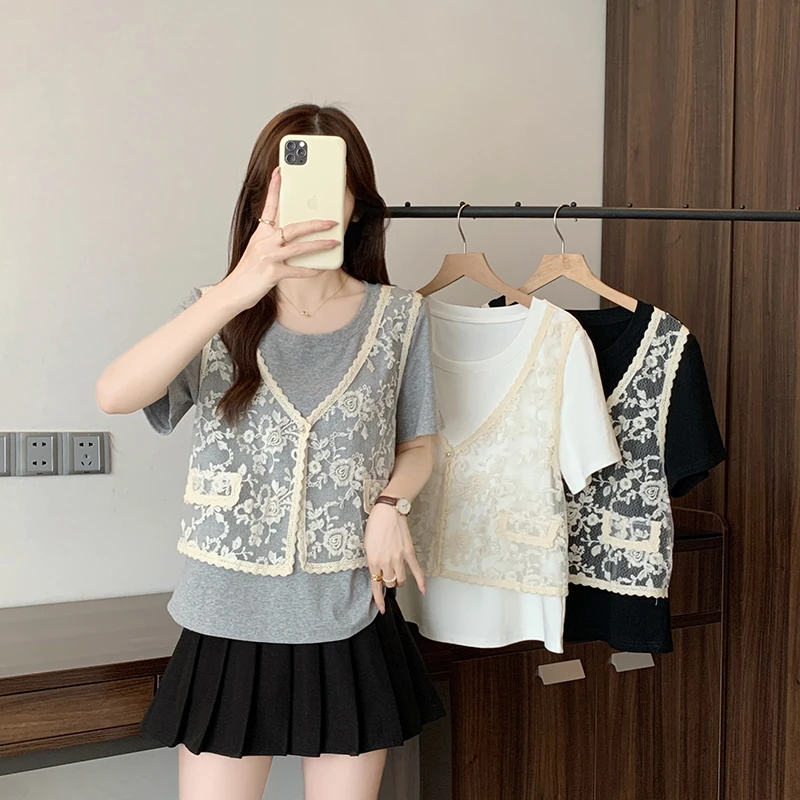 Q2025夏装新款胖mm大码女甜美减龄蕾丝假两件显瘦短袖上衣A1536