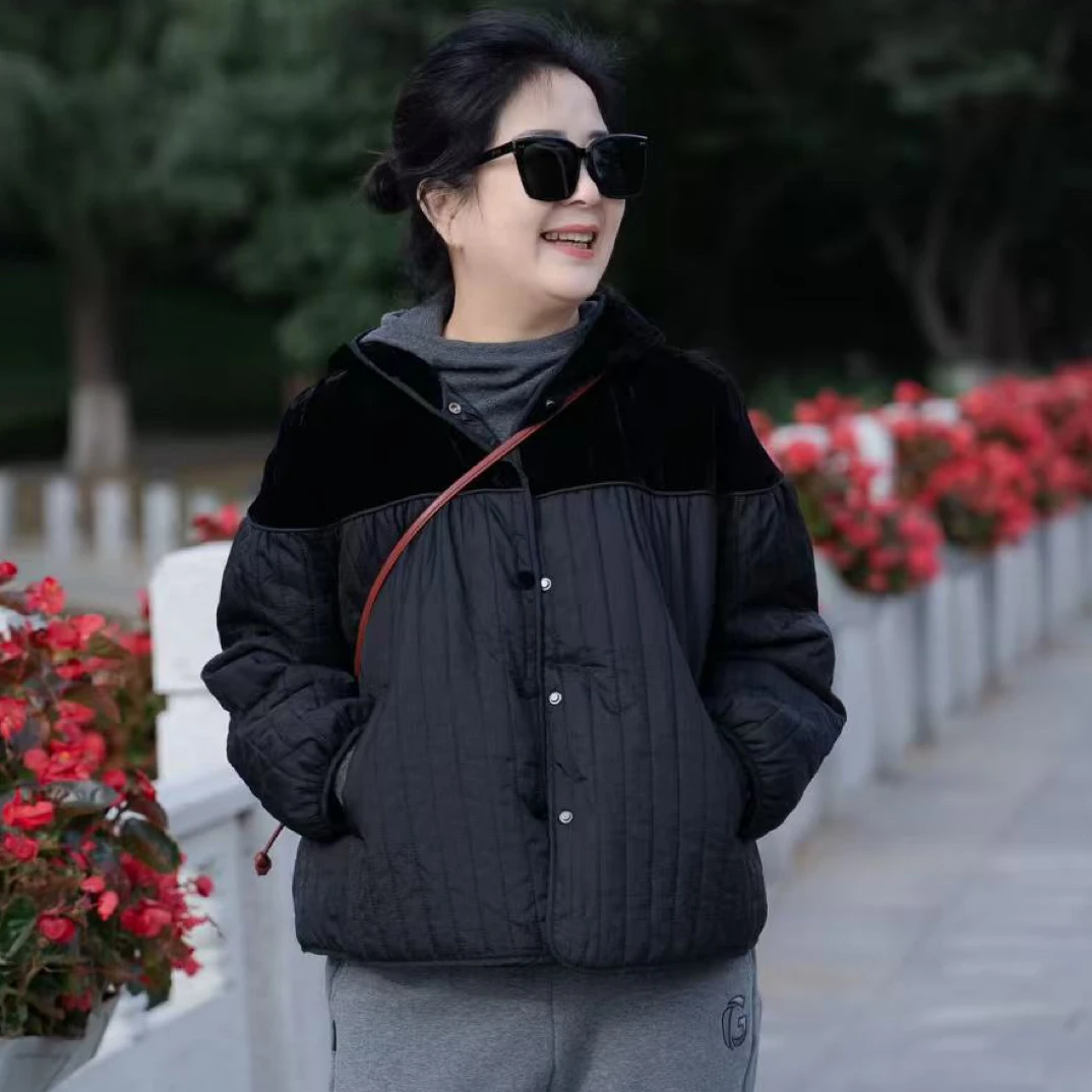 7180【燕子优选】秋冬丝绒拼接休闲百搭A款圆领棉服