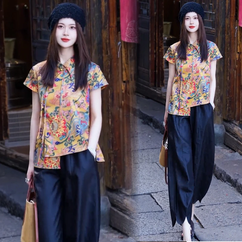 多巴胺新中式国风套装女2025夏季新款洋气显瘦印花盘扣上衣阔腿裤
