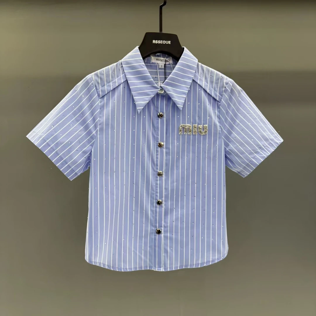 竖条纹蓝色满天星烫钻短袖衬衫女2025早春新款修衬衣轻奢时尚百搭