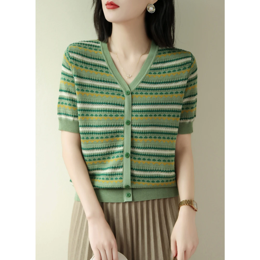 2025年夏季新款V领撞色条纹设计感宽松显瘦针织开衫女装短袖上衣