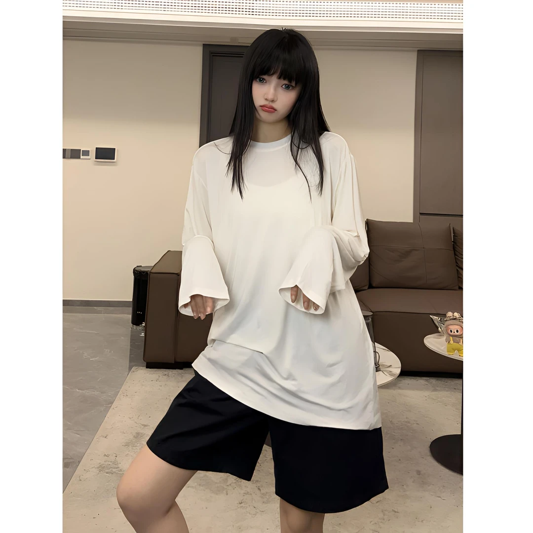 倪不叶【升级竹纤维圆领长袖T恤】女长款显瘦垂感oversize薄款舒适