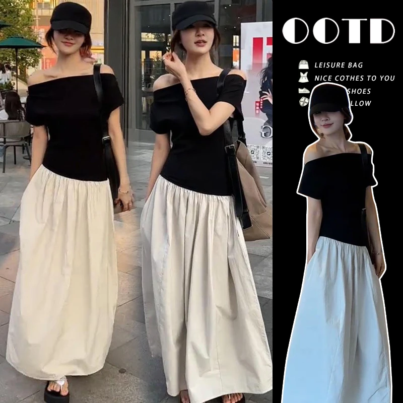 YNVO时尚~孕妇装夏季2025新款法式复古撞色拼接一字肩爆款连衣裙