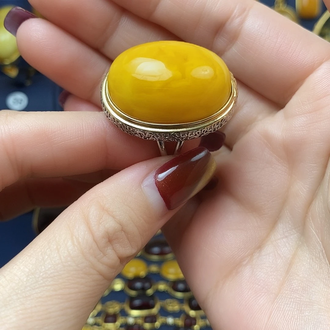 蜜蜡戒指银S925镶嵌时尚