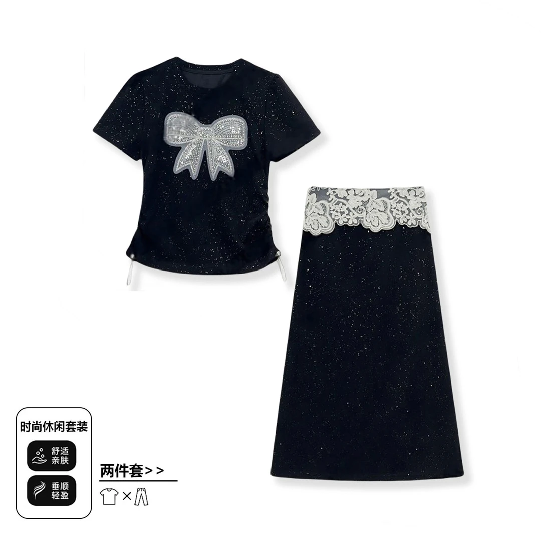 气质休闲套装女2025夏季新款蝴蝶蕾丝拼接短袖半身裙时尚两件套女