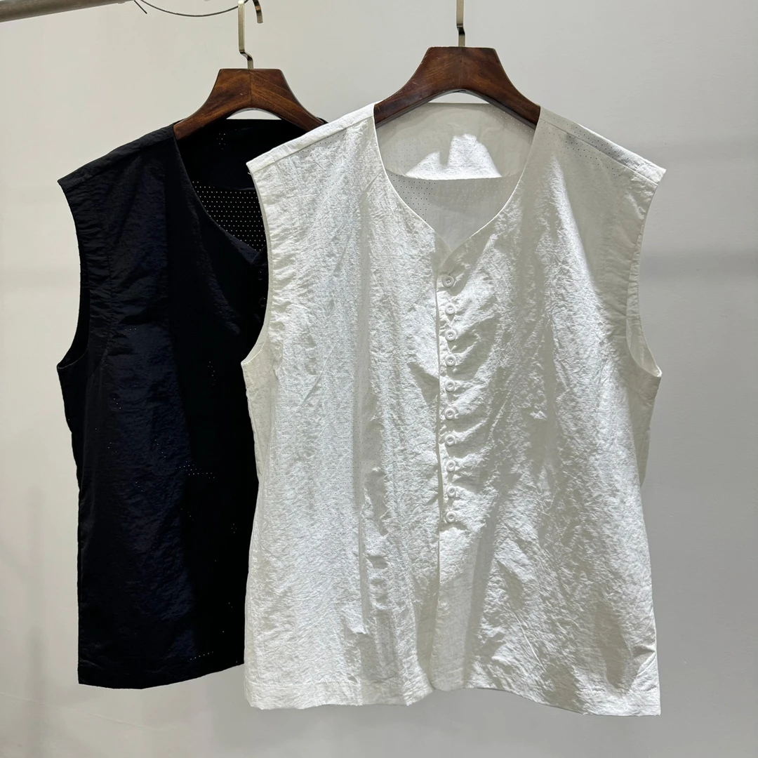 时尚百搭设计感透气宽松无袖衬衣夏季男士镂空潮牌INS坎肩袖衬衫