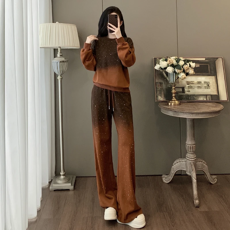 巨好看的秋装一整套韩系高级感烫钻扎染卫衣阔腿裤运动休闲两件套