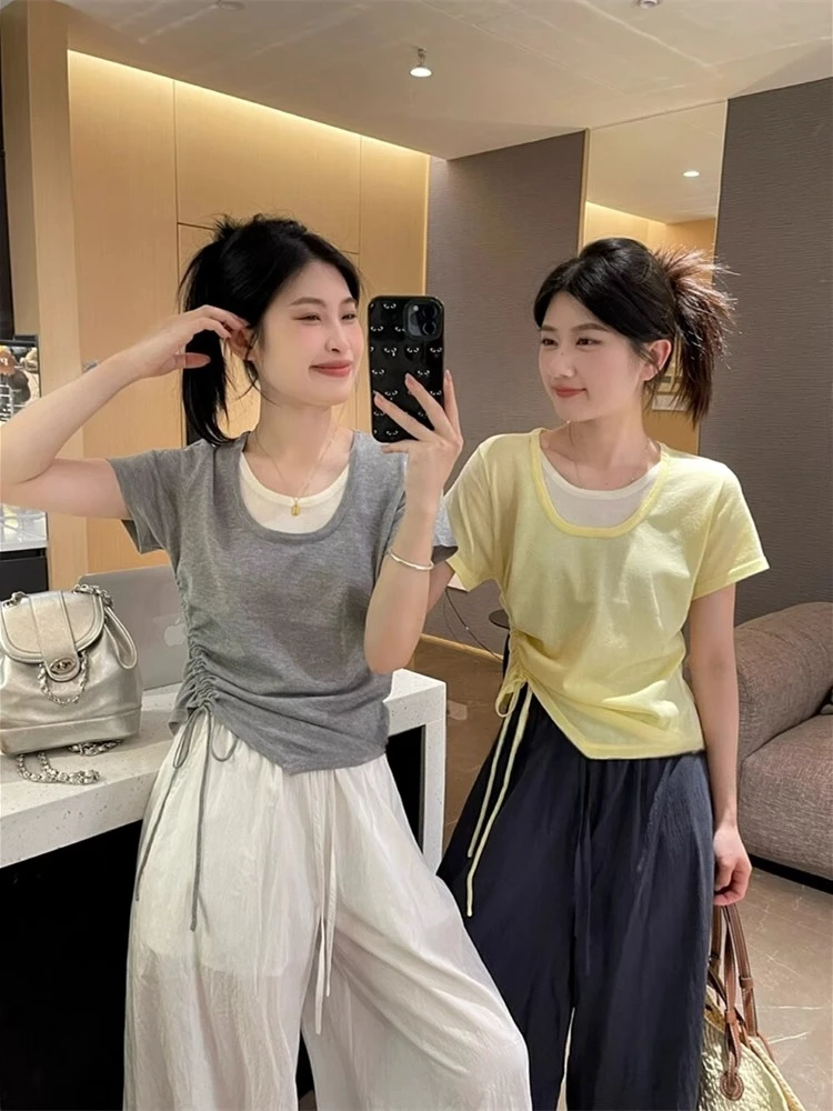 撞色设计感U领假两件抽绳短袖t恤针织衫夏季新款收腰显瘦绝美上衣