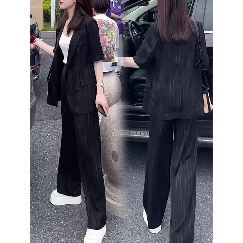 2025夏新款小个子套装女气质宽松显瘦薄款印花西装阔腿裤子两件套