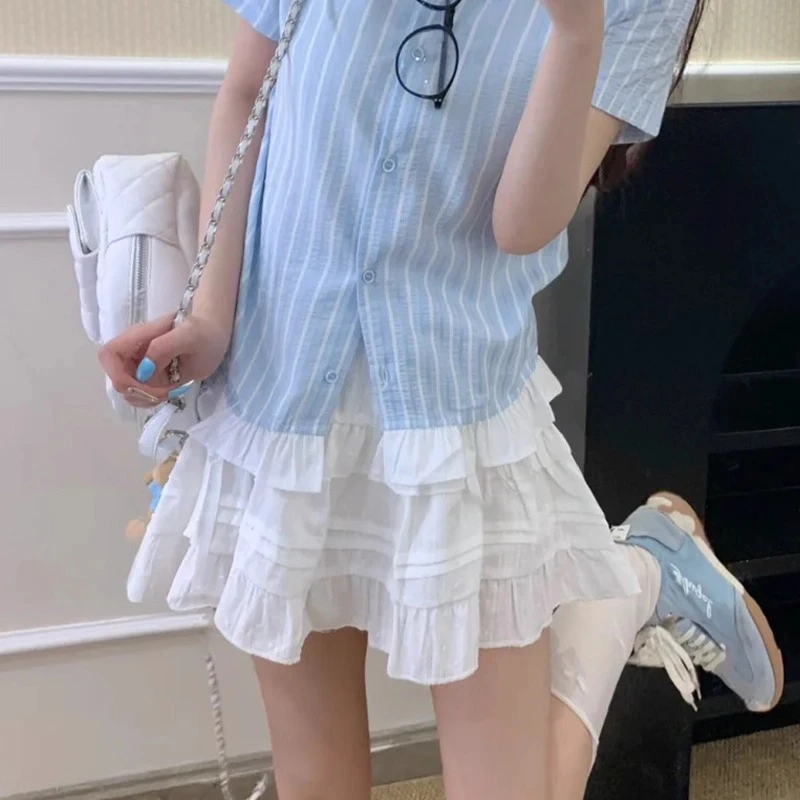 白色蕾丝蛋糕裙女夏季新款高腰a字半身裙小个子防走光蓬蓬短裙子