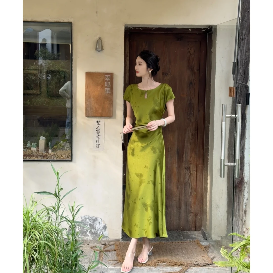 FELTICS&LIIXU短袖气质长款圆领印花不规则连衣裙FL52LQ464