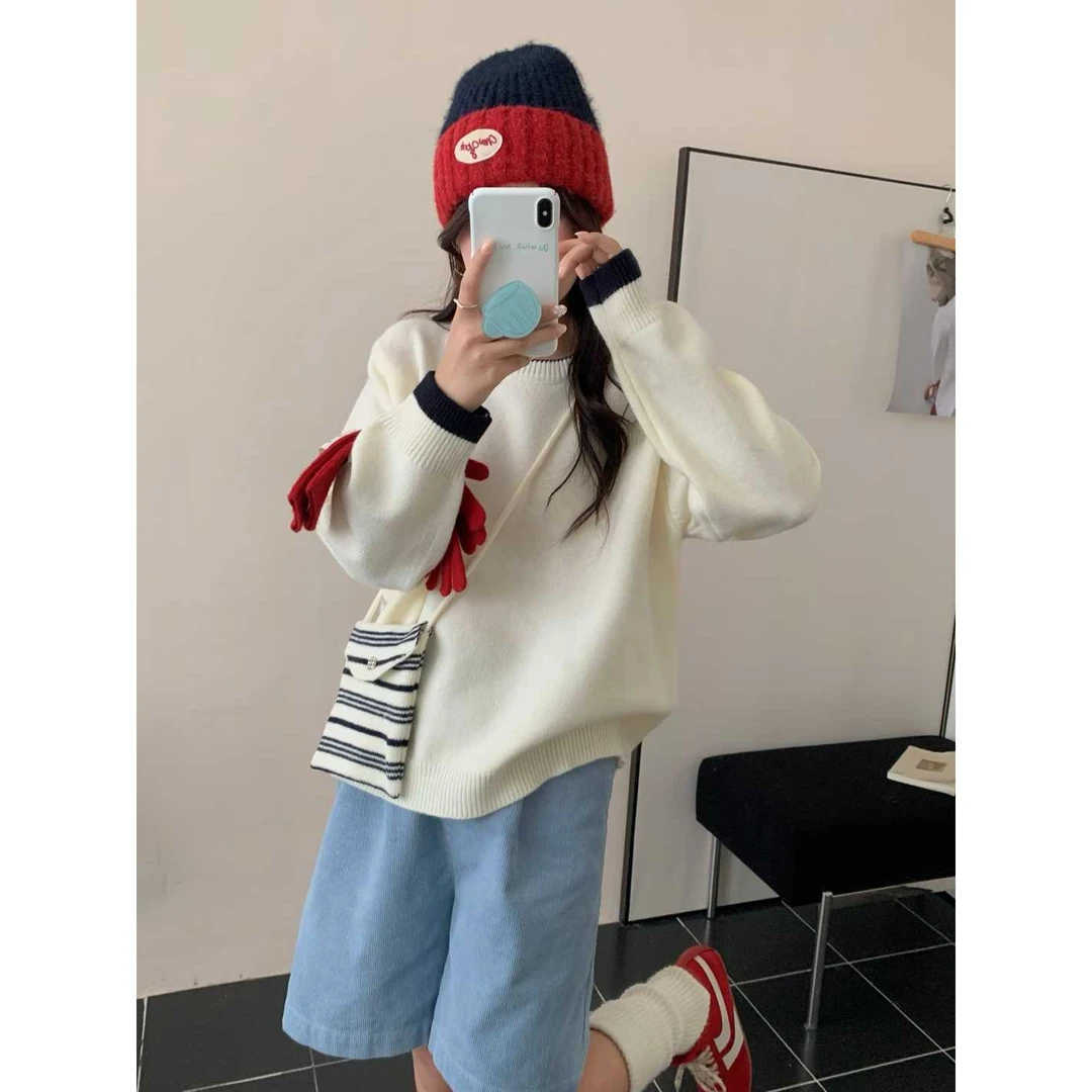 【秋季新品】长袖慵懒风秋冬韩版宽松时尚拼色针织衫圆领＋针织挎包