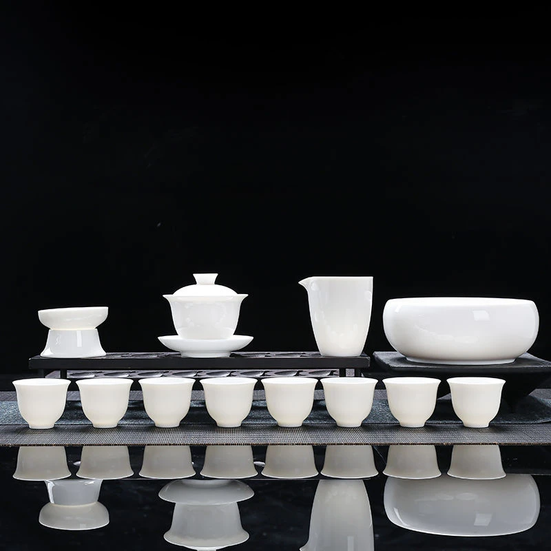 年货节羊脂玉白瓷功夫茶具套装家用泡茶壶盖碗茶杯陶瓷茶具全套