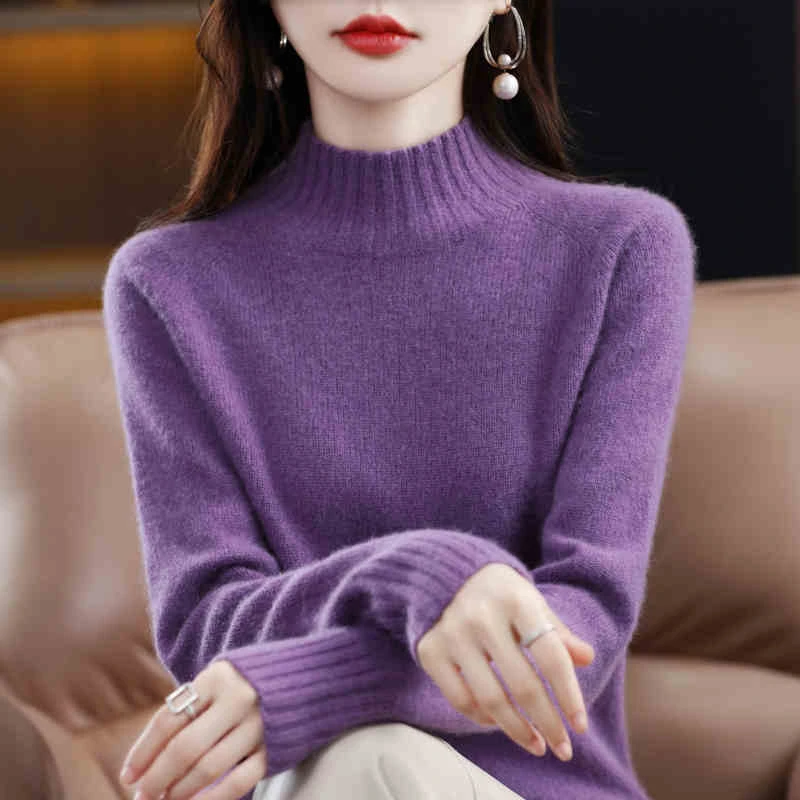 一线成衣羊毛衫女100 纯羊毛半高领宽松针织打底毛衣