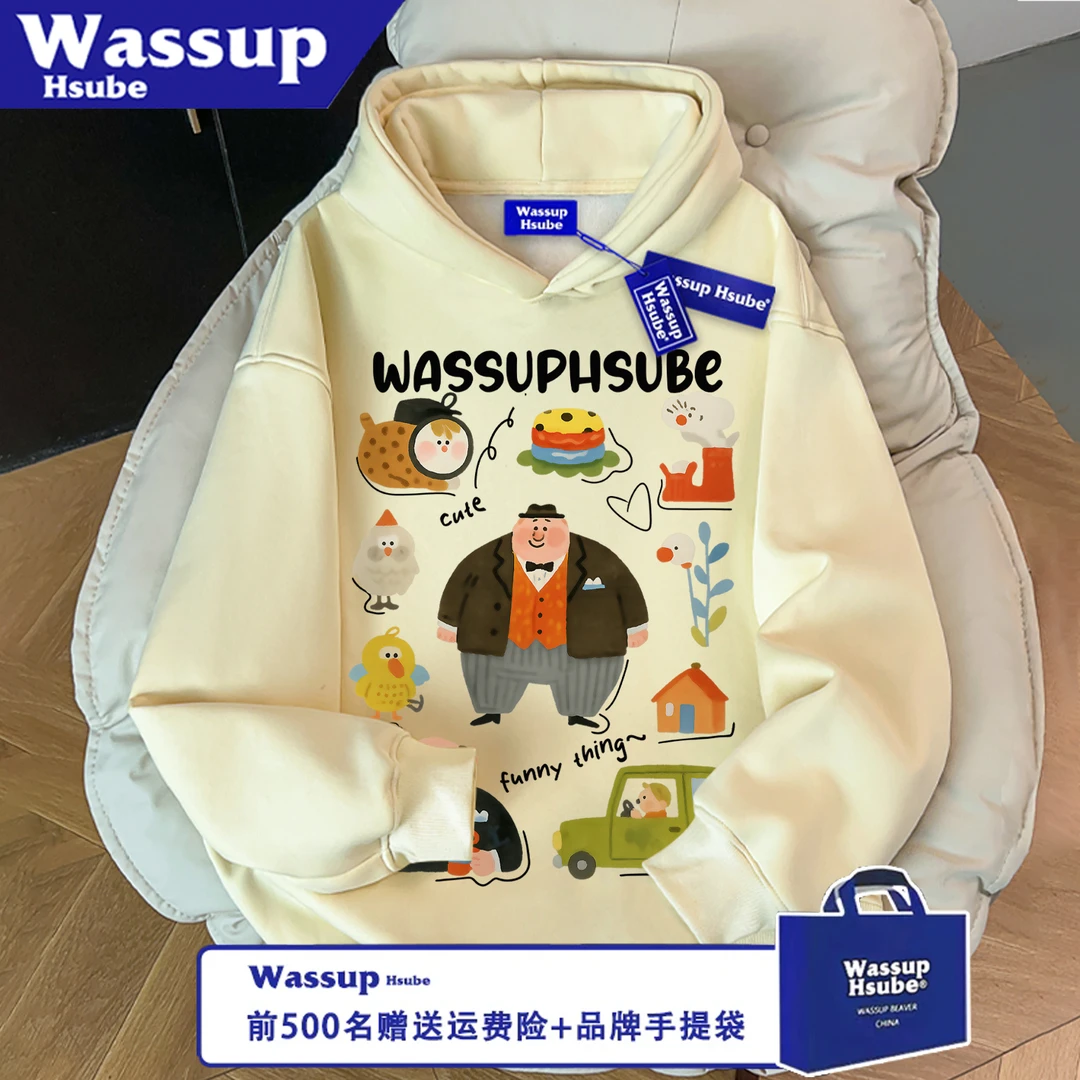 WASSUP HSUBE宽松秋冬季无口袋男女卫衣连帽人物贴纸情侣休闲上衣