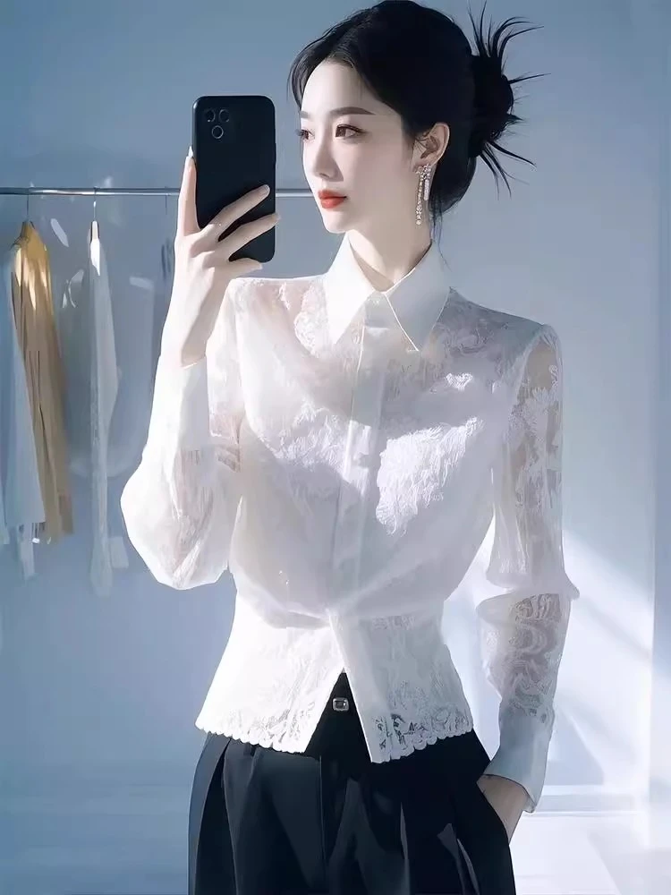 POLO长袖白色蕾丝衬衫女春秋2025收腰显瘦洋气时尚衬衣上衣