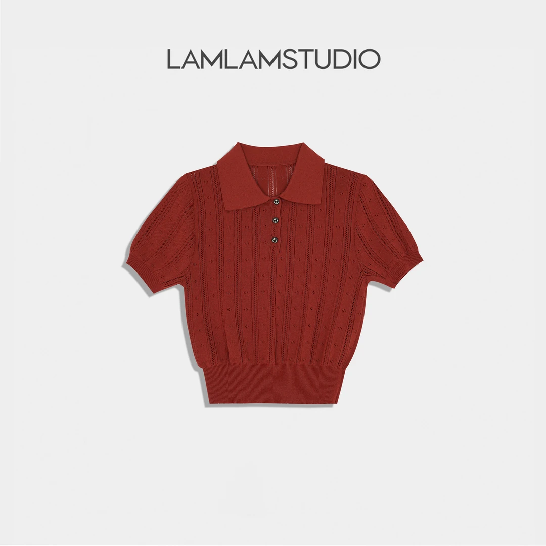 “红豆衫”经典Polo领12针挑洞镂空提花针织T恤 张一琳 L255611M