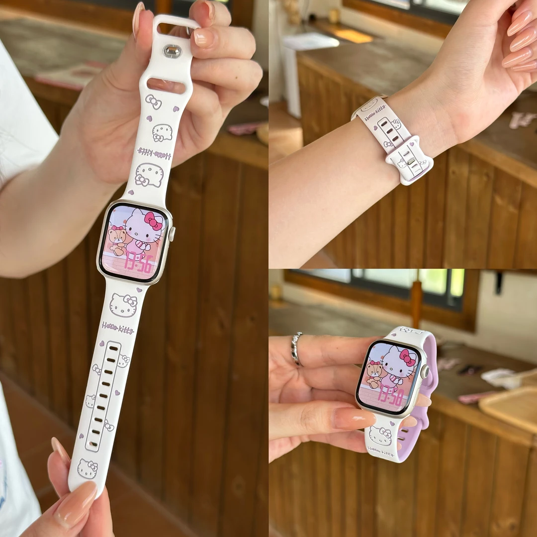 适用iwatchS11新款S9苹果7手表SE女款S10可爱双色Kitty硅胶S8表带