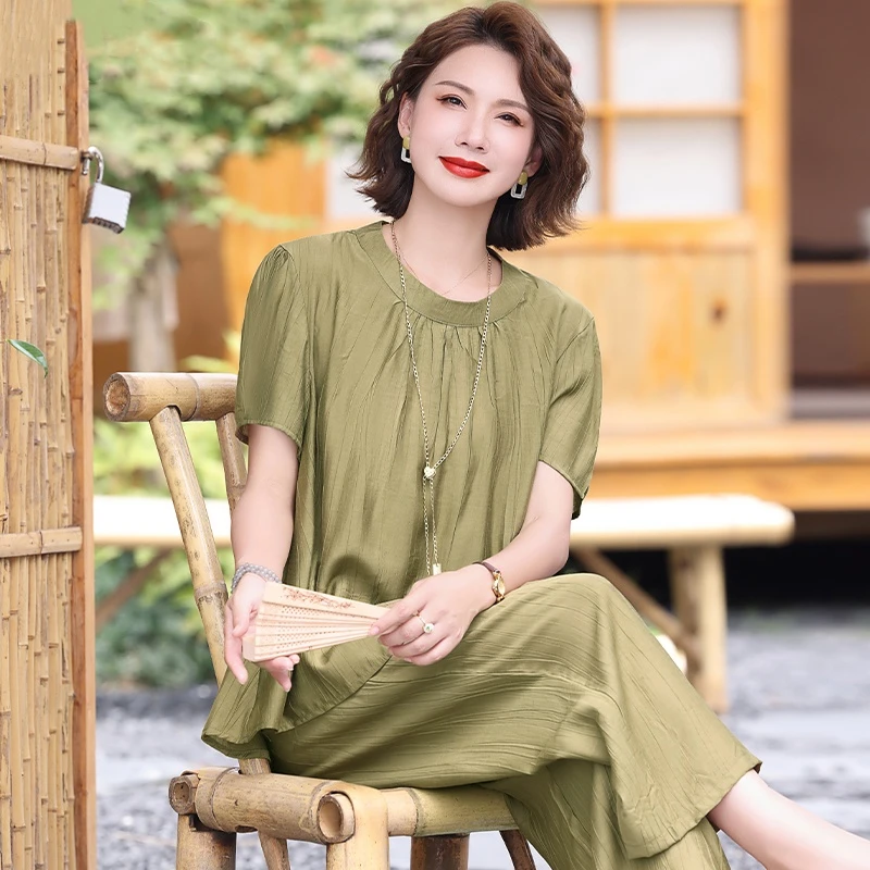 中年妈妈夏装时尚套装2025新款中老年洋气夏季短袖上衣棉麻小衫女