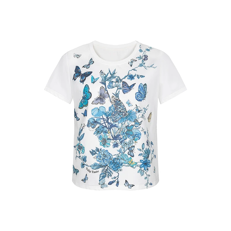 设计师女装2025夏季新款T恤蝴蝶艺术花圆领休闲舒适印花T恤42156