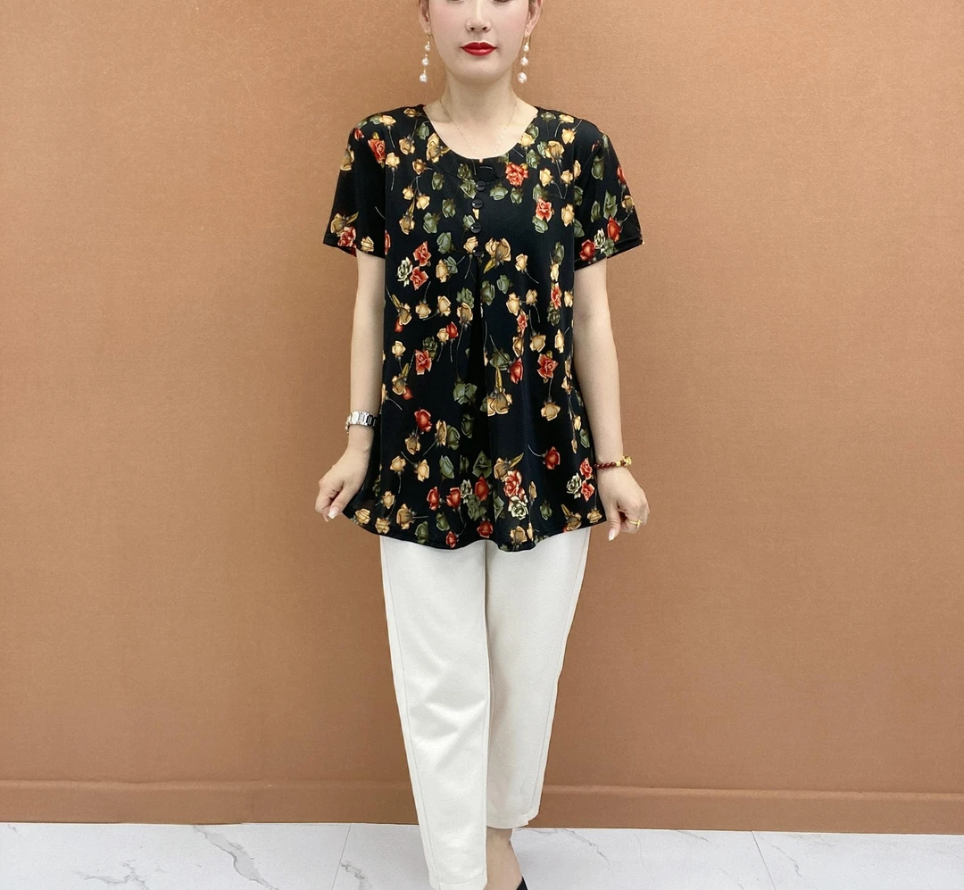 大码女士休闲宽松妈妈装夏装洋气中年中长款圆领印花短袖T恤夏季