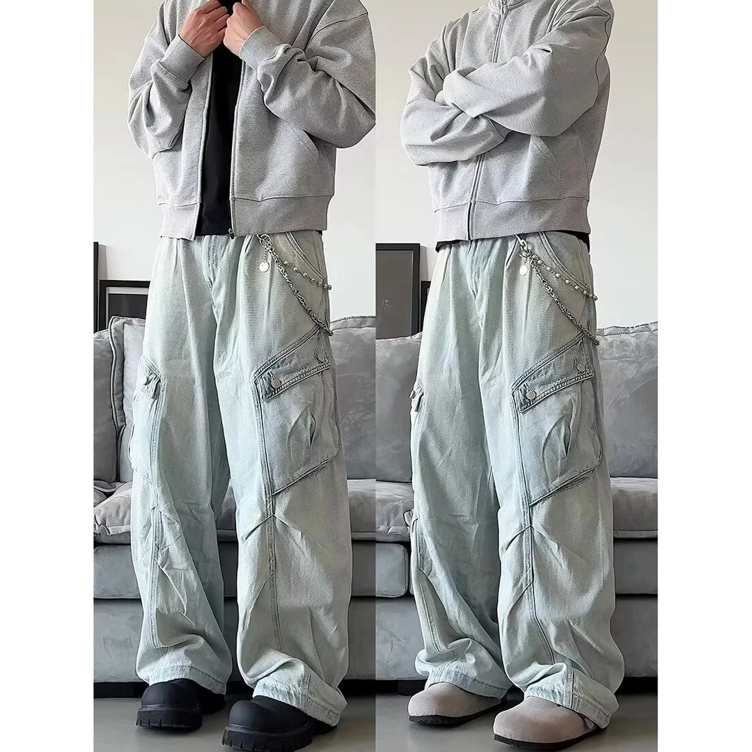 【29号编码】 浅蓝色水洗复古直筒宽松情侣工装牛仔裤