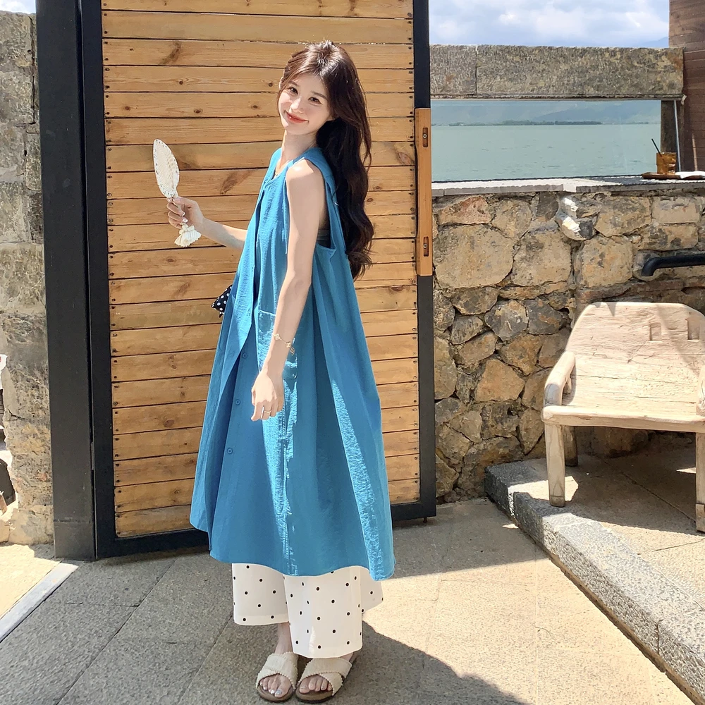 蓝色慵懒风休闲背心连衣裙女夏季流行宽松显瘦波点阔腿裤两件套装