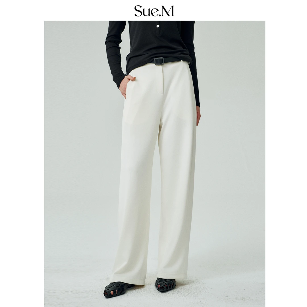 Sue.M 白色弯刀裤女2025新款针织空气层莫代尔垂感长裤