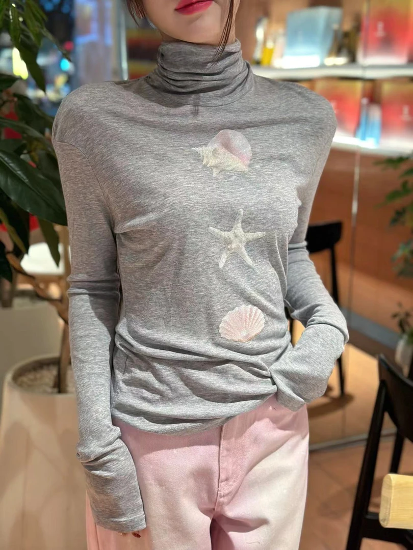 设计师品牌Sandra 贝壳印花天丝羊毛高领口打底