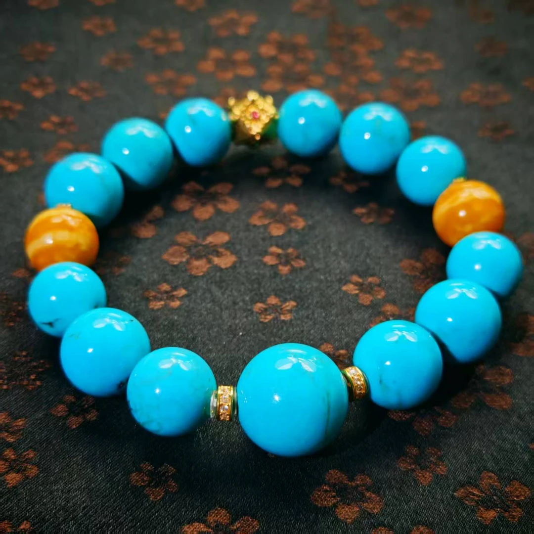 【珺笙珠宝】云盖寺暴蓝水草纹绿松石18K金圆珠手串S5000210052022