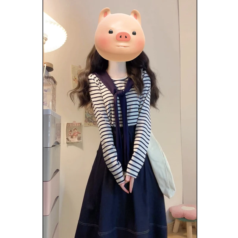 大码胖mm女装新款圆领条纹T恤上衣+高腰半身裙三件套套装女