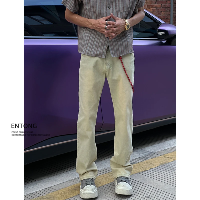 Entong潮牌复古黄泥色水洗做旧微喇牛仔裤男生百搭cleanfit长裤子