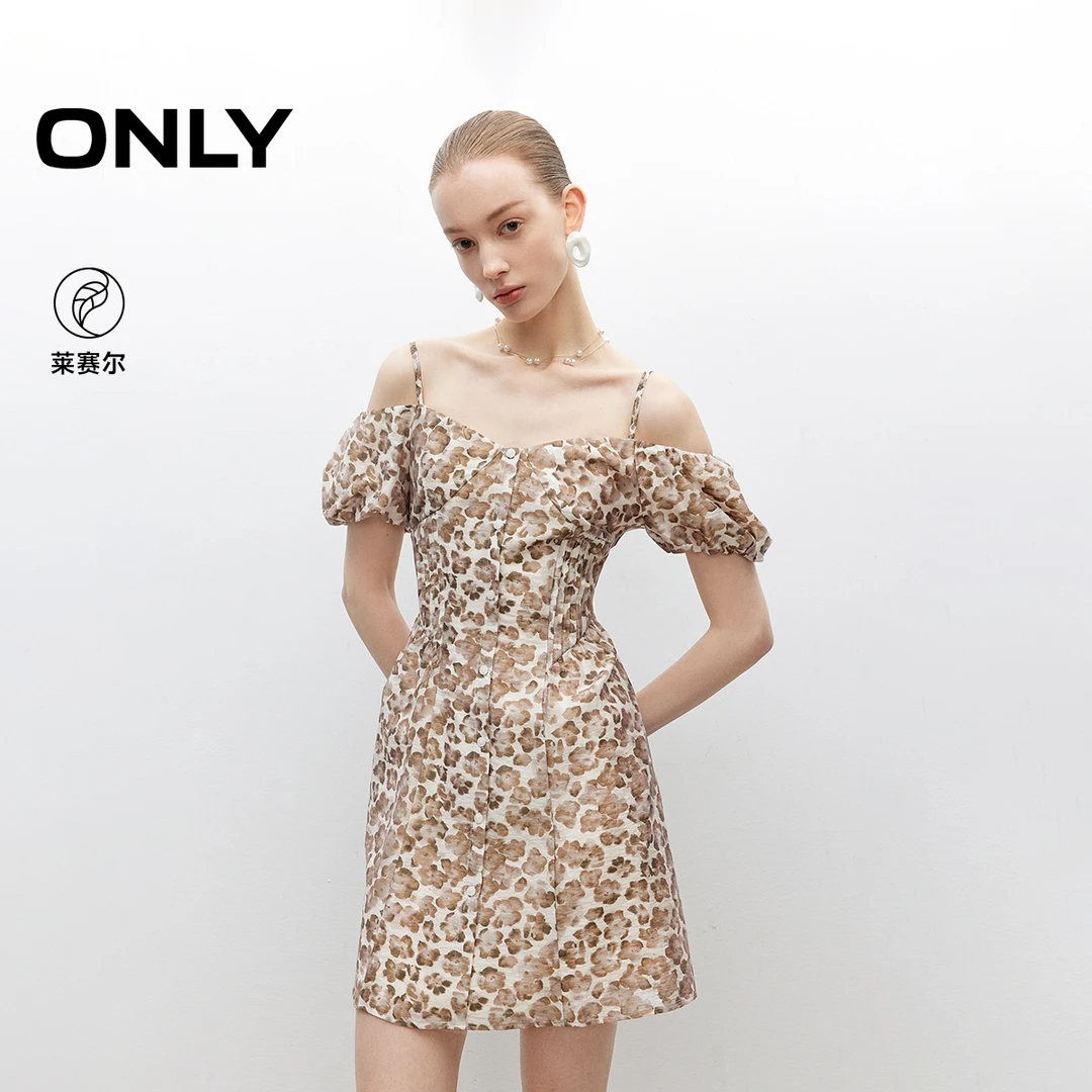 ONLY2025夏季新款时髦一字领印花吊带短连衣裙气泡裙女|125207029