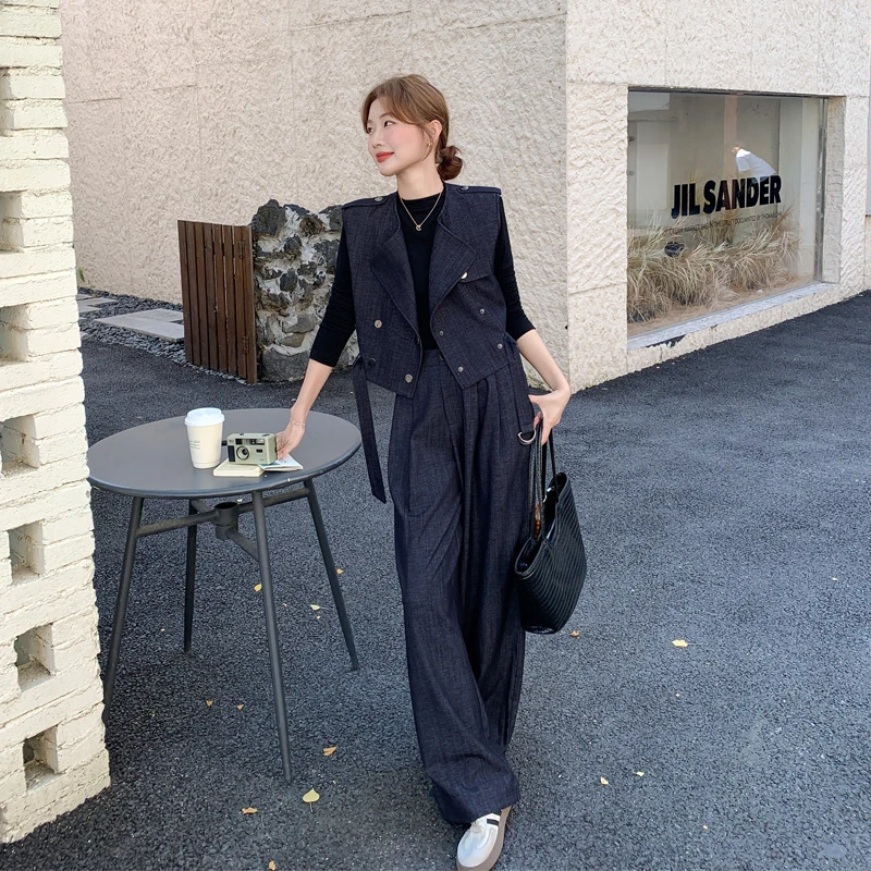 复古轻奢老钱风双排扣马甲阔腿裤2025秋季新款高腰气质显瘦两件套